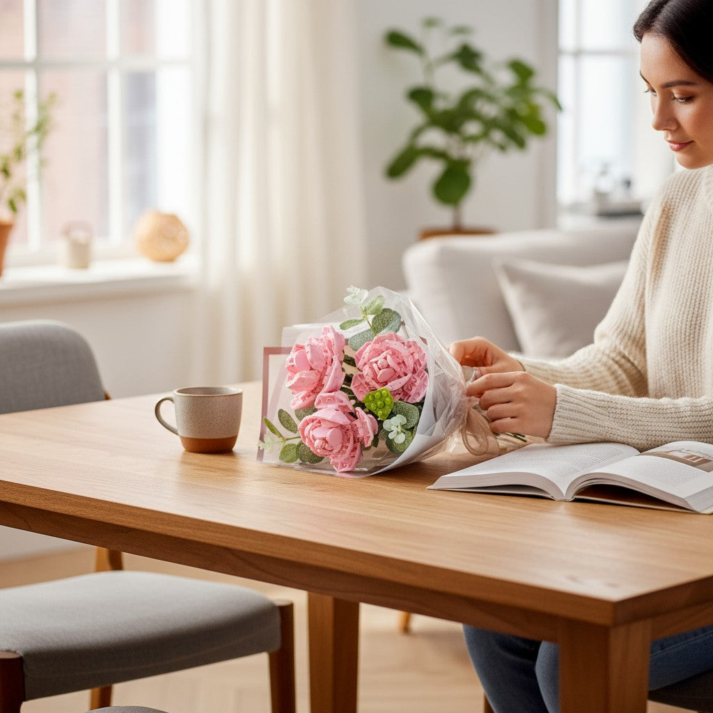 Pink Roses in Cellophane Wrap