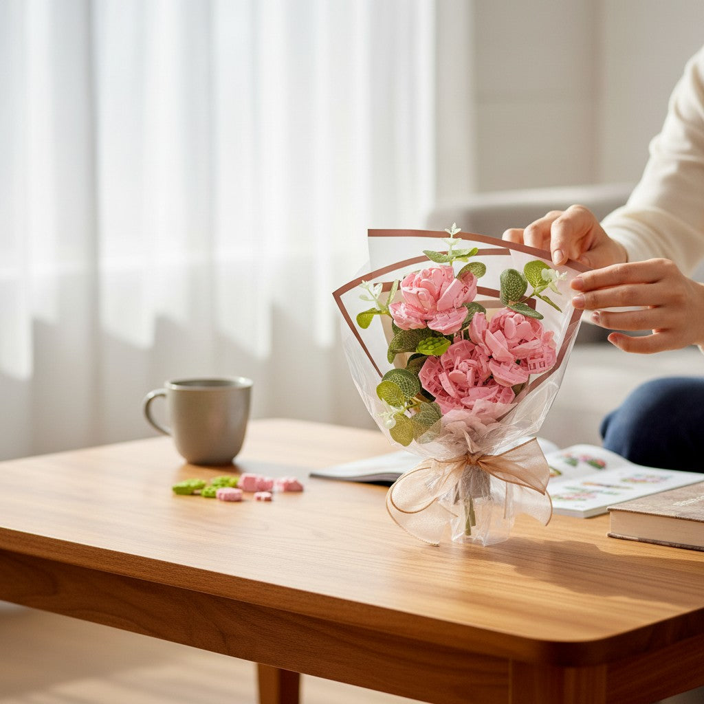 Pink Roses in Cellophane Wrap